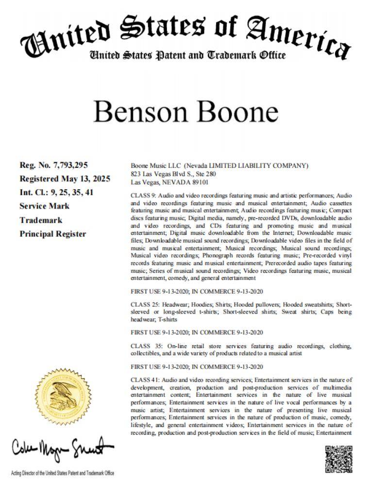 歌手BensonBoone发起商标维权案件号：25-cv-07151
