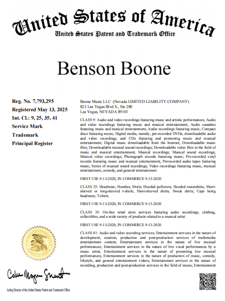 Mark Brasdford律所代理歌手Benson Boone发起商标维权 案件号：25-cv-07151